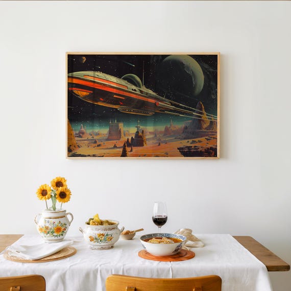 Spaceship Soaring Over Desert Planet Retro Futurism Airbrush Art Neon Warm Tones Scifi Print Vintage Style Wall
