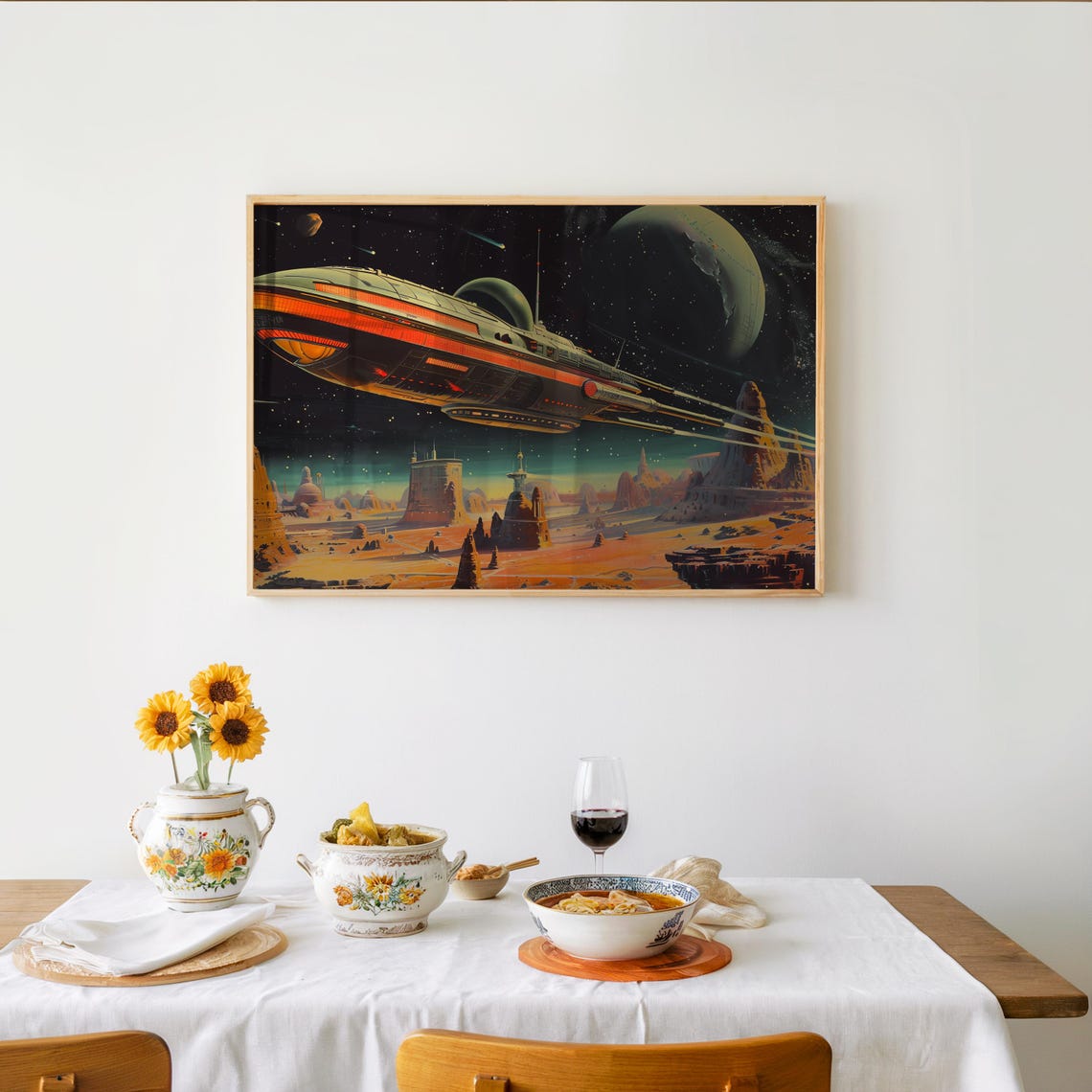 Retro Spaceship Over Alien Planet Vintage Sci Fi Pulp Art Poster