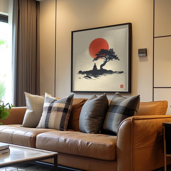 Sunset Tree Rock Minimalist Poster Lofi Vector Art Duotone Colors Abstract Nature Wall Home