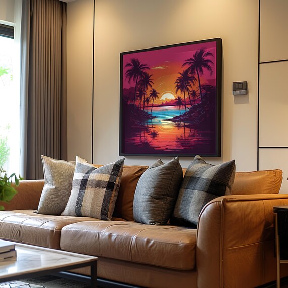 Neon Palm Trees Sunset Over Tropical Lake Retro Synthwave Poster