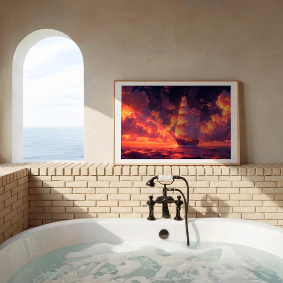 Tall Ship Sailing Fiery Stormy Sunset Ocean Waves Art Poster