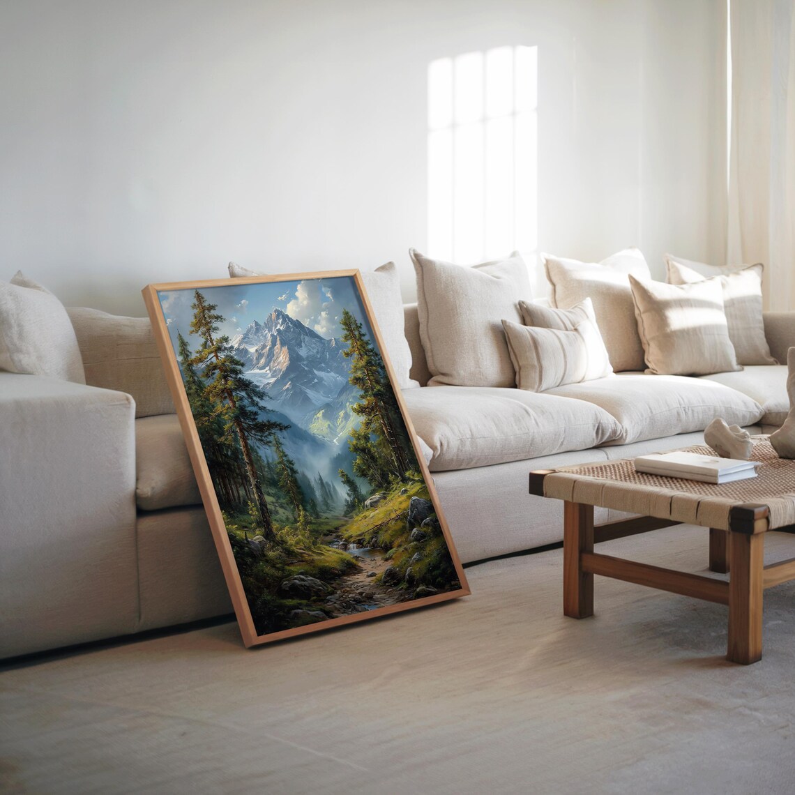Mountain Stream Pines Alpine Peak Landscape Oil Painting Poster