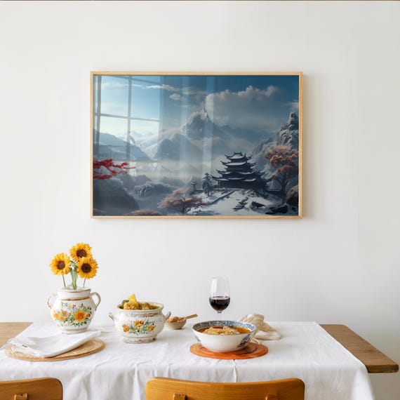 Mountain Pagoda 3d Render Photorealistic Impressionism Art Cinematic Vibe Decor Muted Color Palette Poster Wall