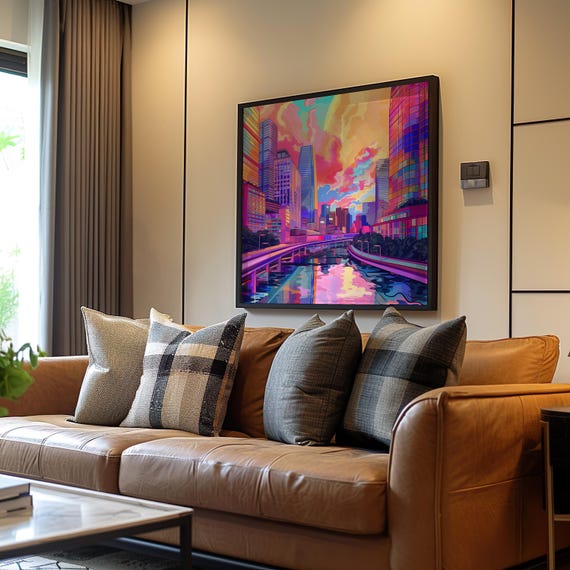 Psychedelic City River Pixel Art Poster Vibrant Neon Colors Dreamy Detailed Illustration 10080 Urban Nightlife