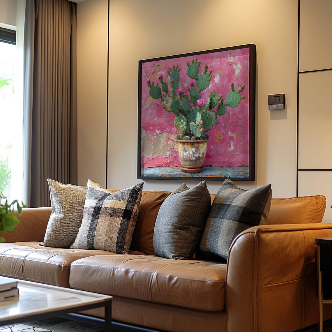 Potted Prickly Pear Cactus Pink Wall Rustic Botanical Art Poster