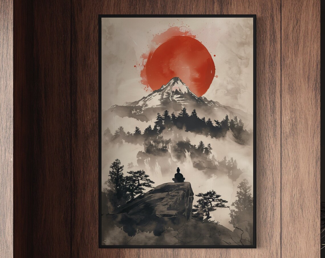 Red Sun Over Misty Mountain Ink Wash Zen Meditation Wall Art