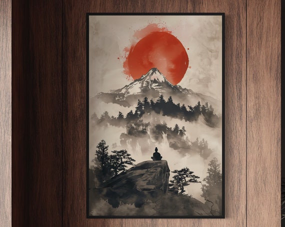 Zen Mountain Scene Japanese Ink Art Print For Relaxing Wall Art Buddhist Art For Yoga Studio Decor And Aesthetic Room Decor
