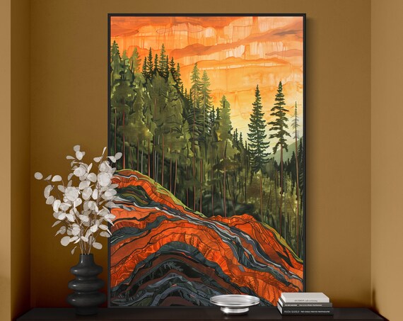 Golden Horizon Vivid Pine Tree Forest And Mountain Scene Enchanting Sunset Poster For Radiant Home Decore
