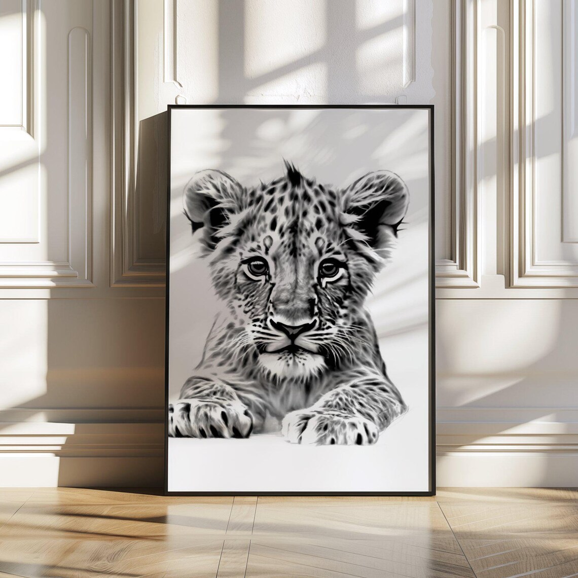 Baby Lion Cub Black and White Safari Wildlife Animal Art Poster