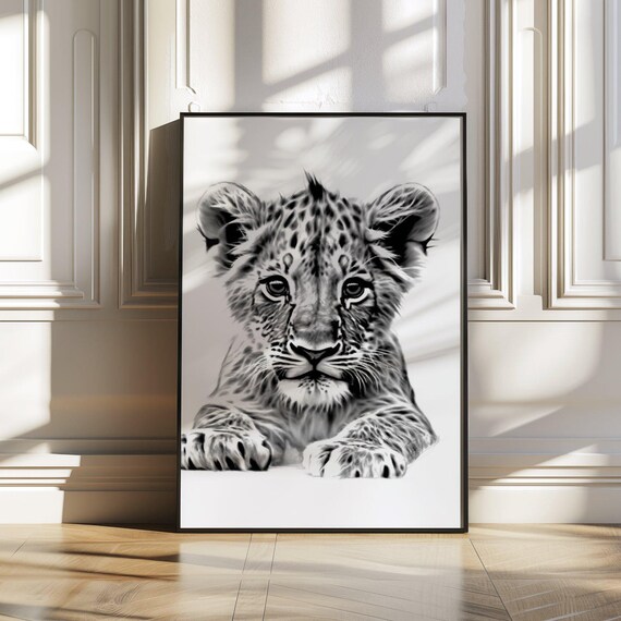 Baby Lion Cub Black and White Safari Wildlife Animal Art Poster