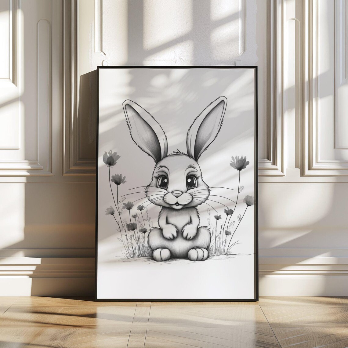 Adorable Bunny Sketch With Wildflowers Nursery Room Decor Poster