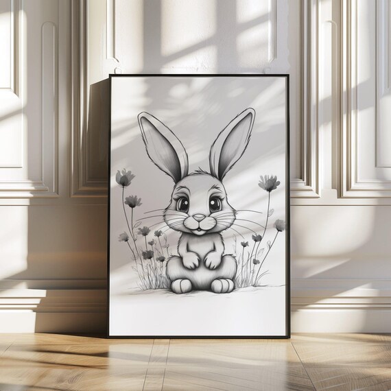Adorable Bunny Sketch With Wildflowers Nursery Room Decor Poster
