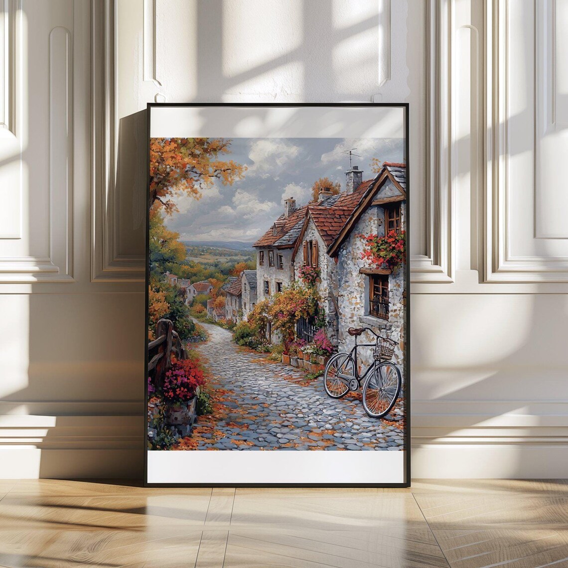 French Village Cobblestone Street Autumn Bicycle Scene Poster