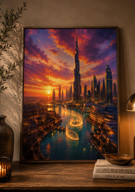 Dubai Wall Art Burj Khalifa Poster Skyline Print Luxury Cityscape Artwork Uae Sunset Travel Decor