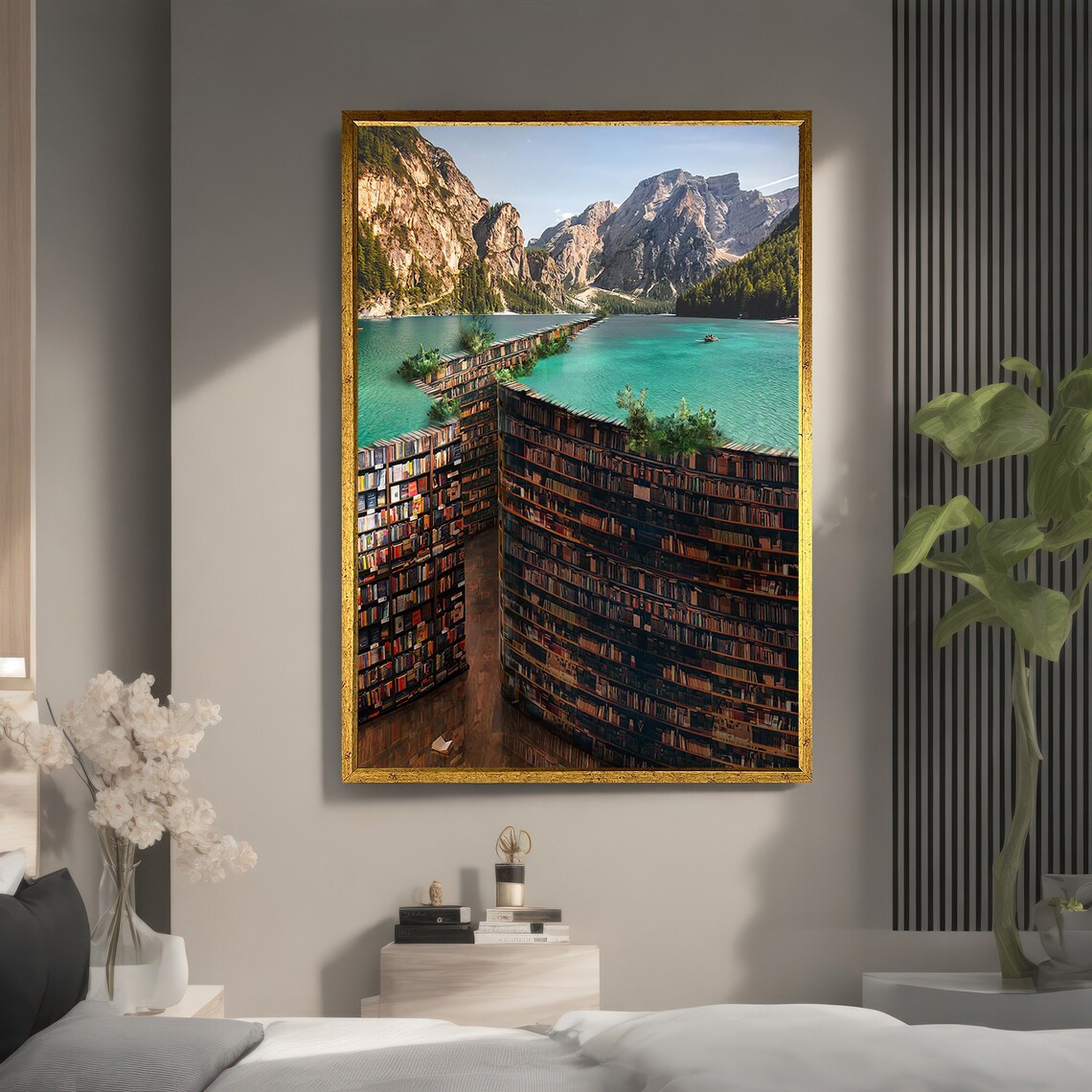 Surreal Library Lake Painting, Dreamy Home Decor - Image 5