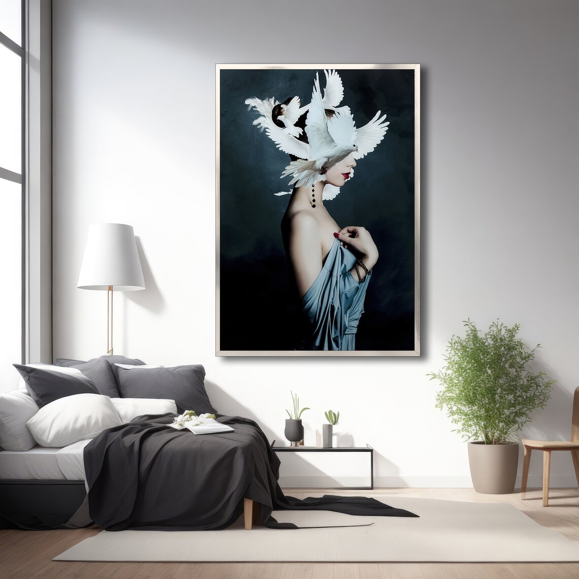Elegant Woman With Doves, Modern Painting - Image 3