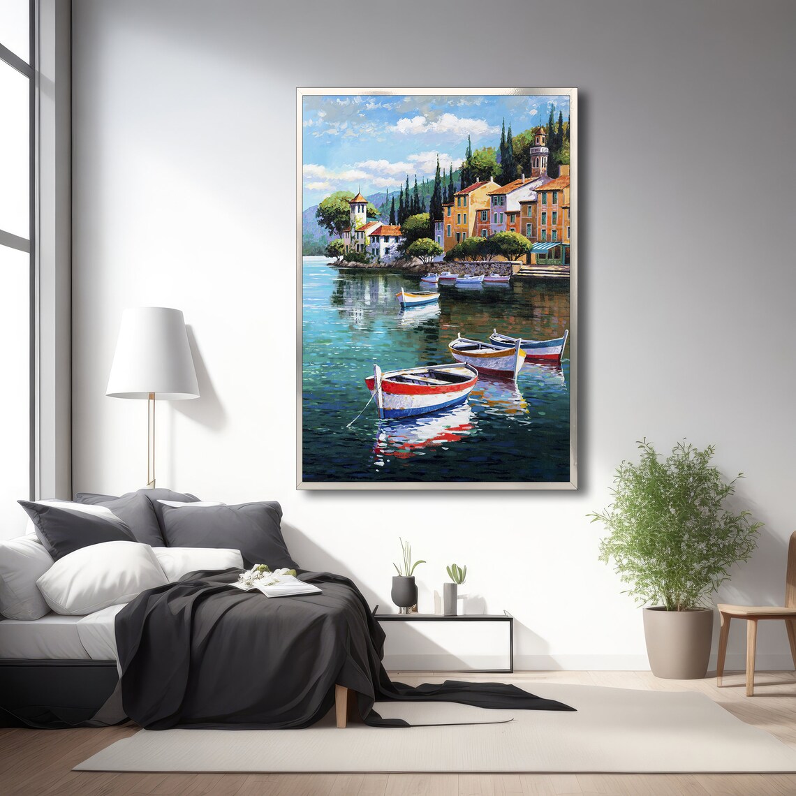 Coastal Town With Boats, Modern Painting - Image 3