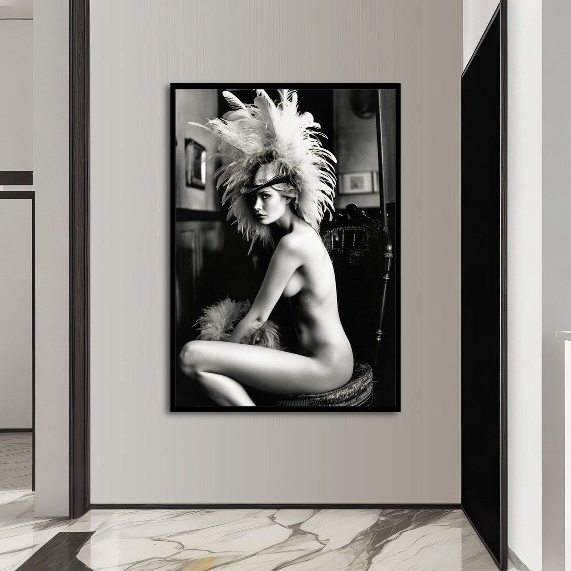 Vintage Allure Nude Woman Feather Hat, Elegant Art Print - Image 4
