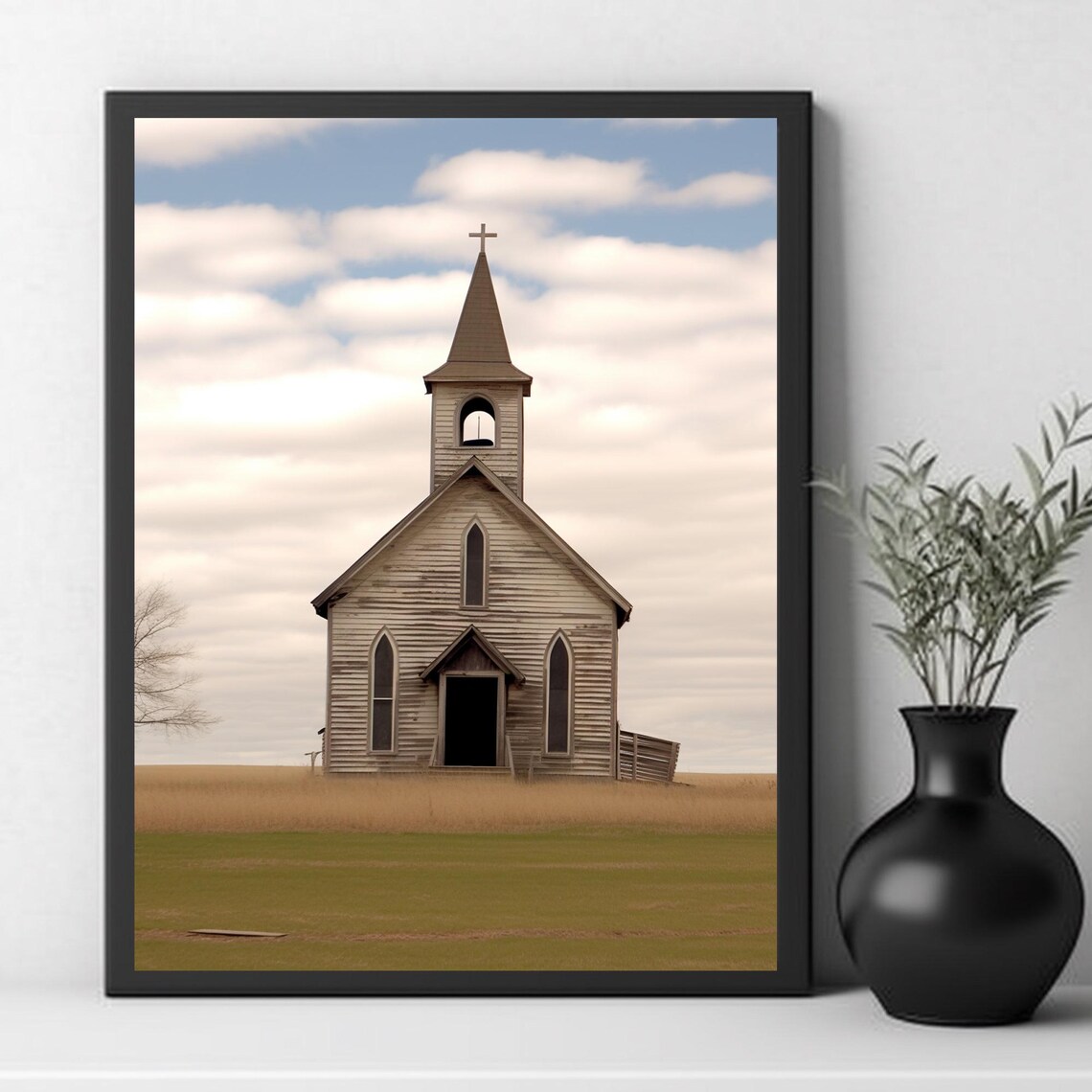 Wooden Country Church with Tall Steeple in an Open Field Poster - Image 4