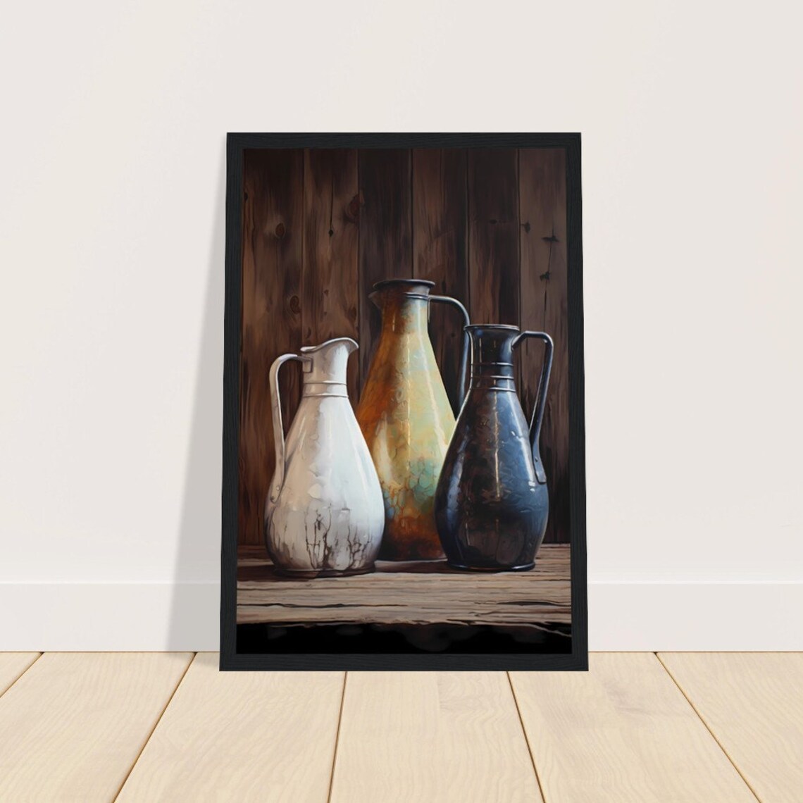 Still Life Painting of Three Vintage Pitchers on Wood Poster - Image 2