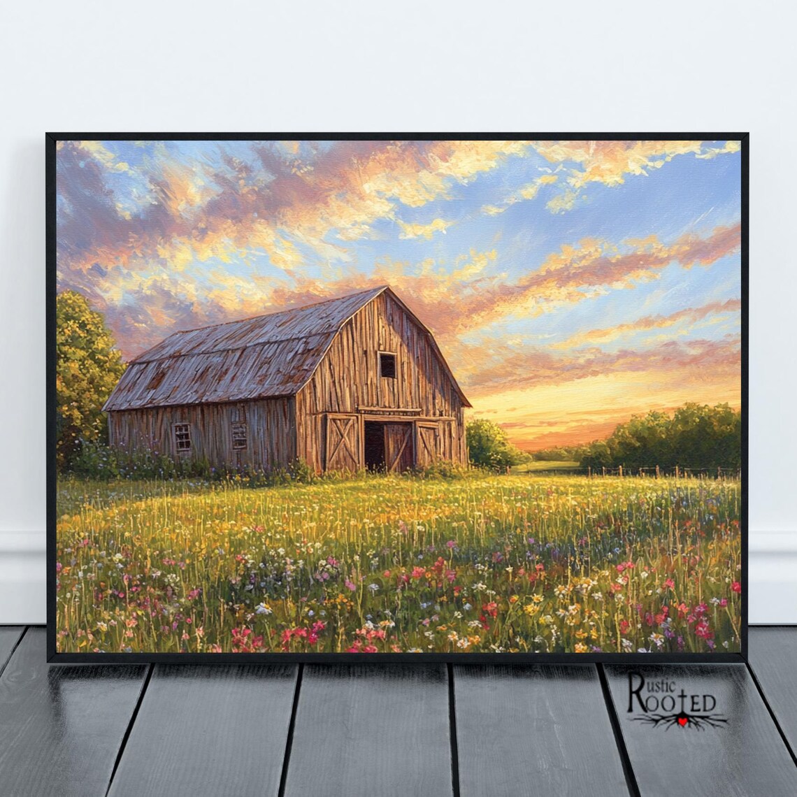 Weathered Barn at Sunset in a Wildflower Field Landscape Poster - Image 3