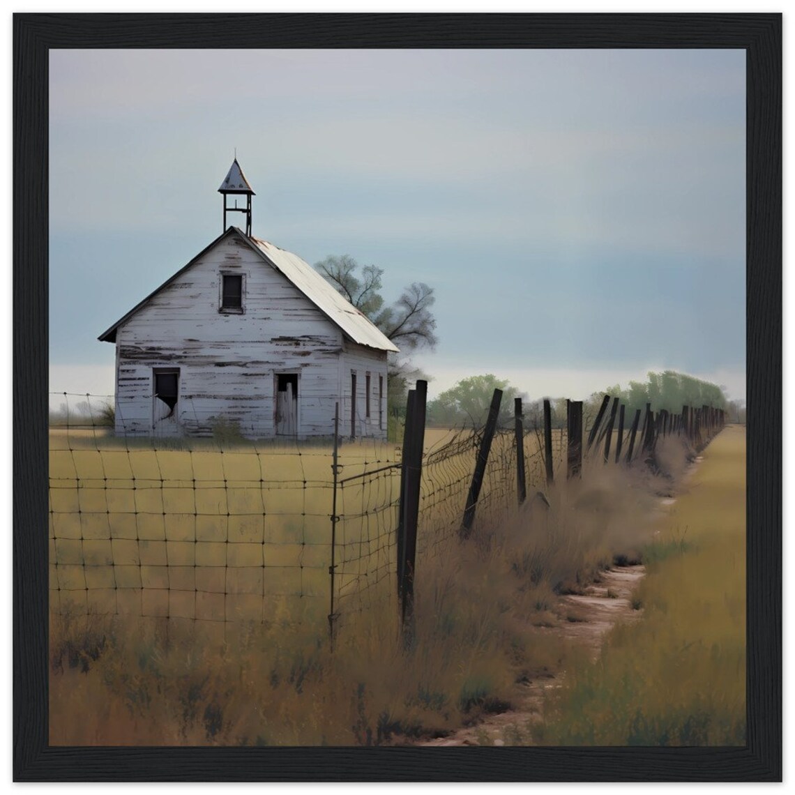 Little White Church in a Golden Field Rural Landscape Poster