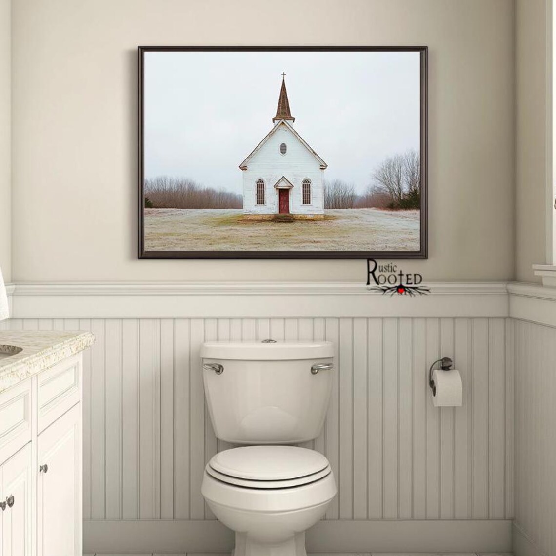 White Country Church with Red Door in a Snowy Field Scene Poster - Image 4