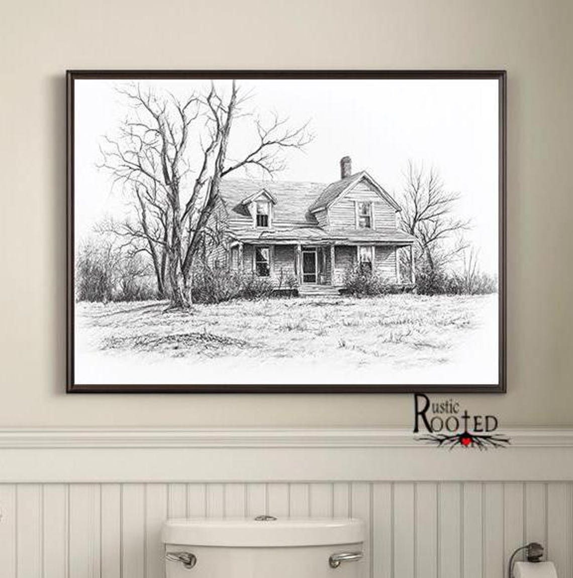 Old Farmhouse Pencil Sketch With A Bare Winter Tree Art Poster - Image 4