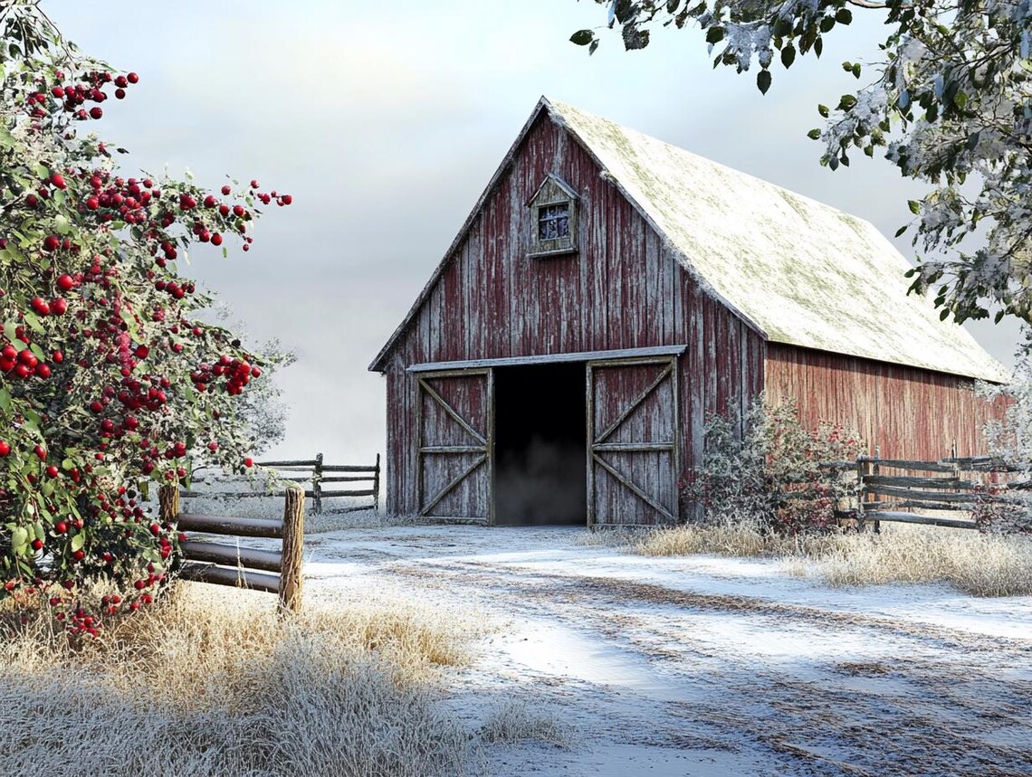 Red Barn in Winter with Frosted Roof and Red Berry Bush Poster - Image 2
