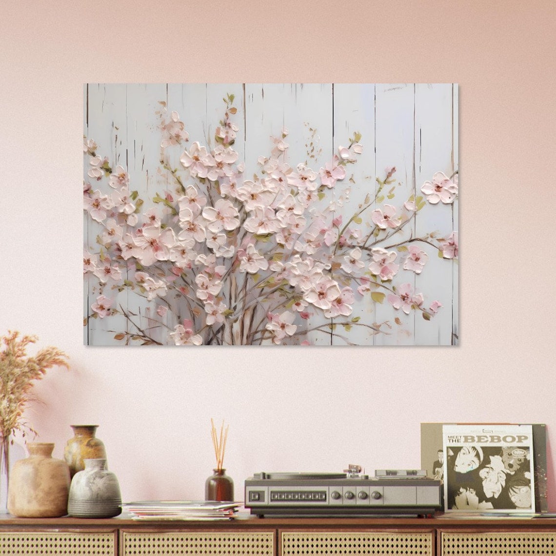 Pink Cherry Blossom Branches Painted on Whitewashed Wood Poster - Image 2
