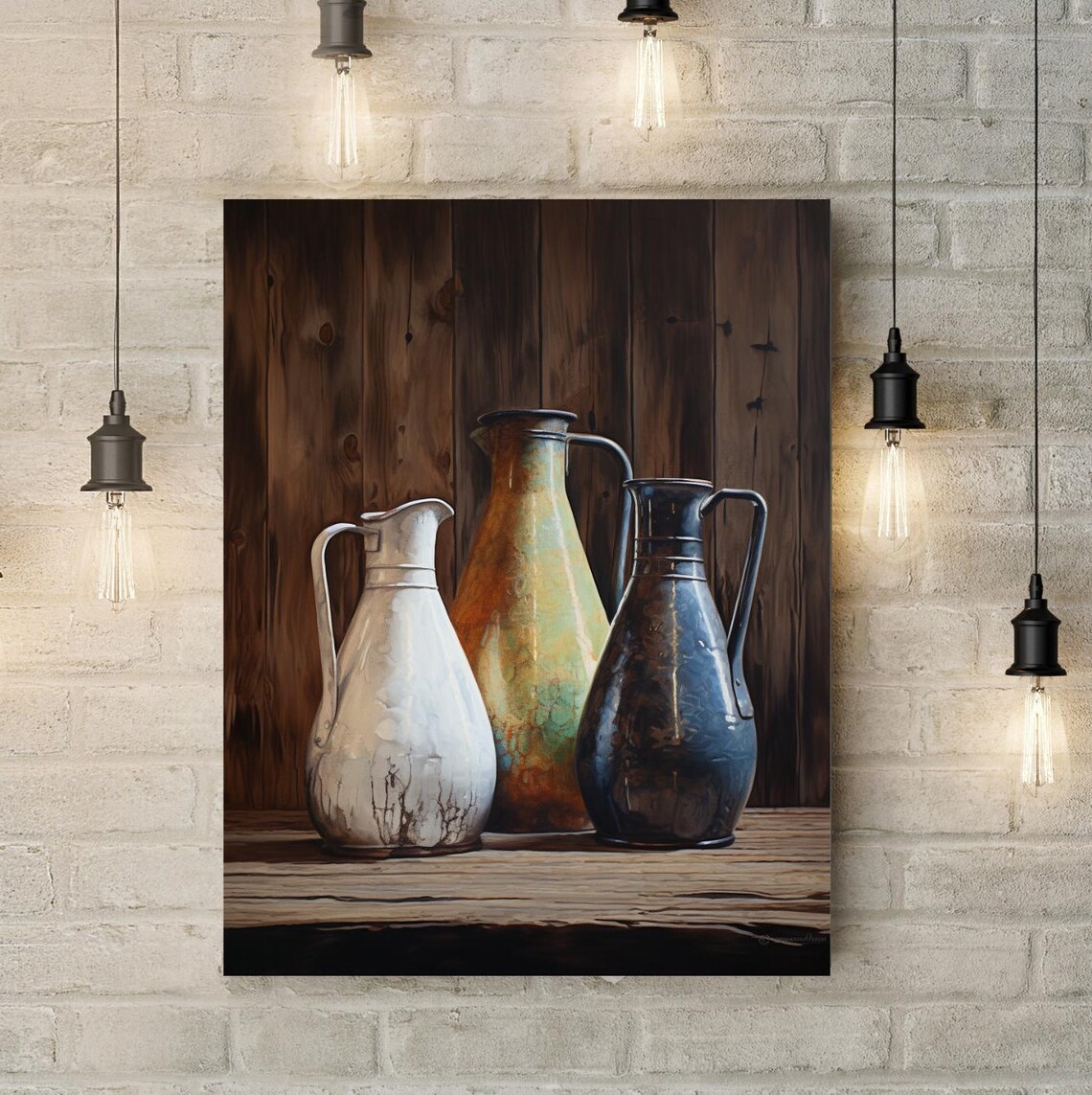 Still Life Painting of Three Vintage Pitchers on Wood Poster - Image 4