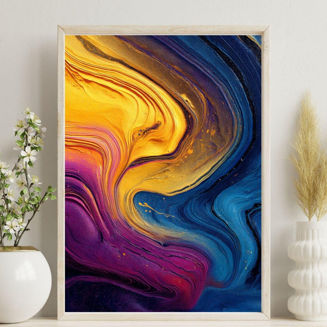 Golden Purple Blue Marble Fluid Swirl Abstract Paint Art Poster