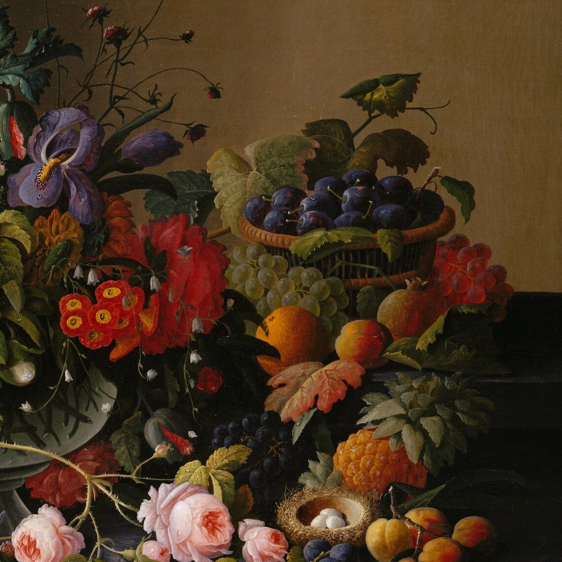 Lush Bouquet of Roses and Mixed Flowers with Fruit Still Life Poster - Image 2