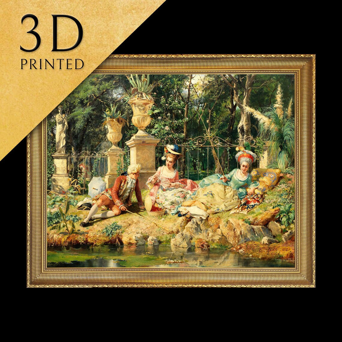 Cesare Auguste Detti The Fishing Party Garden Pond Textured Print