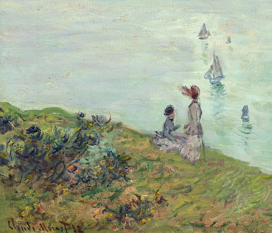 Claude Monet Pourville Cliffs Watching Boats Textured Art Poster - Image 3