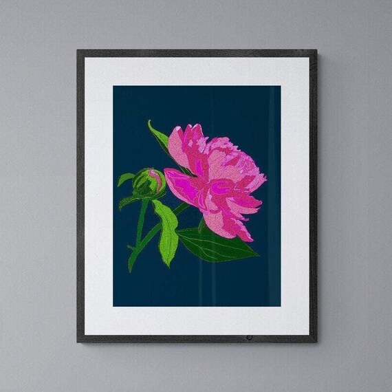 Navy Blue Hot Pink Peony Wall Art Print Modern Botanical Floral Poster Home Decor