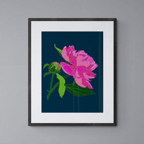 Pink Peony on Navy Blue Background Botanical Print Moody Floral Statement