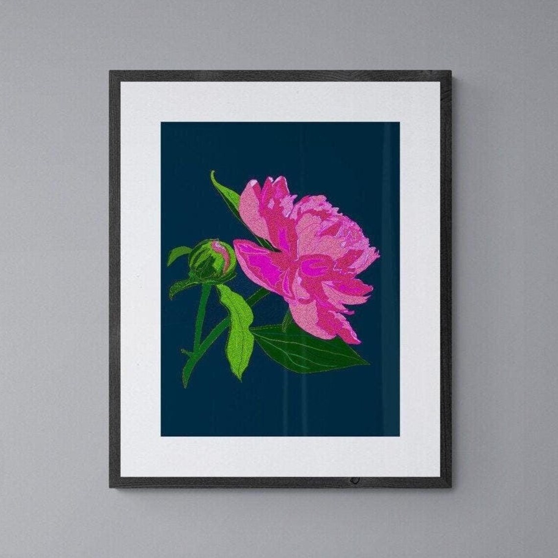 Navy Blue Hot Pink Peony Wall Art Print Modern Botanical Floral Poster Home Decor