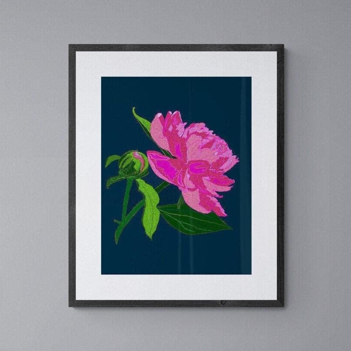 Pink Peony on Navy Blue Background Botanical Print Moody Floral Statement