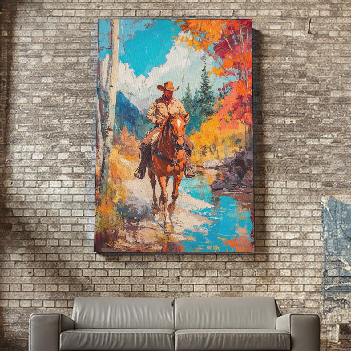 Cowboy Riding Horse Across Autumn Creek Colorful Fall Trees Art Poster