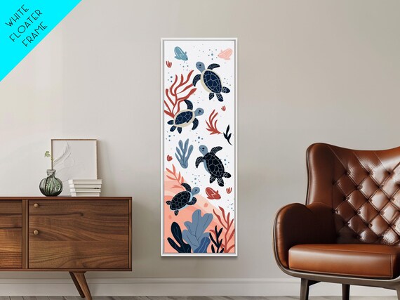 Swimming Sea Turtles With Coral Tall Framed Print In Japanese Ukiyo E Style Wall Art
