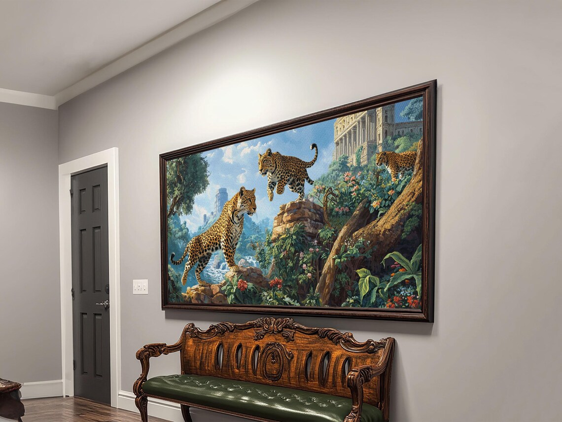 Leopards Jungle Ruins Flowers Painting Wild Big Cats Adventure Art Poster - Image 3