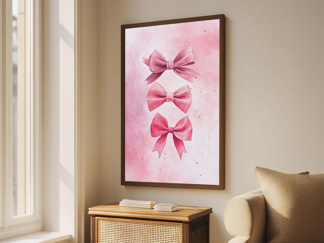 Three Pink Bows Watercolor Trio Feminine Whimsical Room Decor Poster