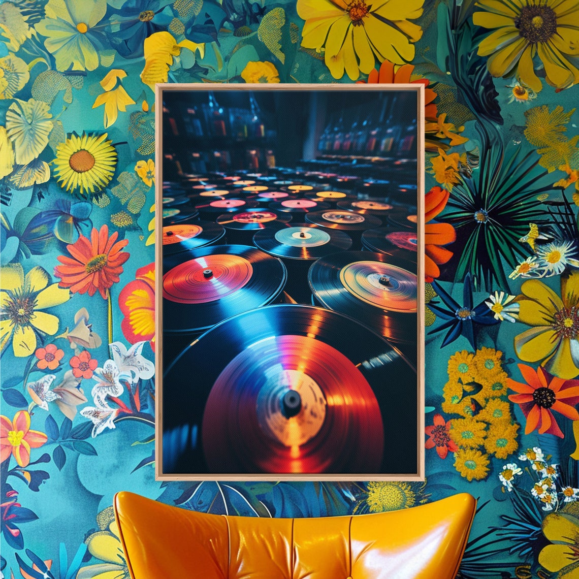 Vinyl Records Close Up Moody Blue Red Glow Music Room Wall Art Poster