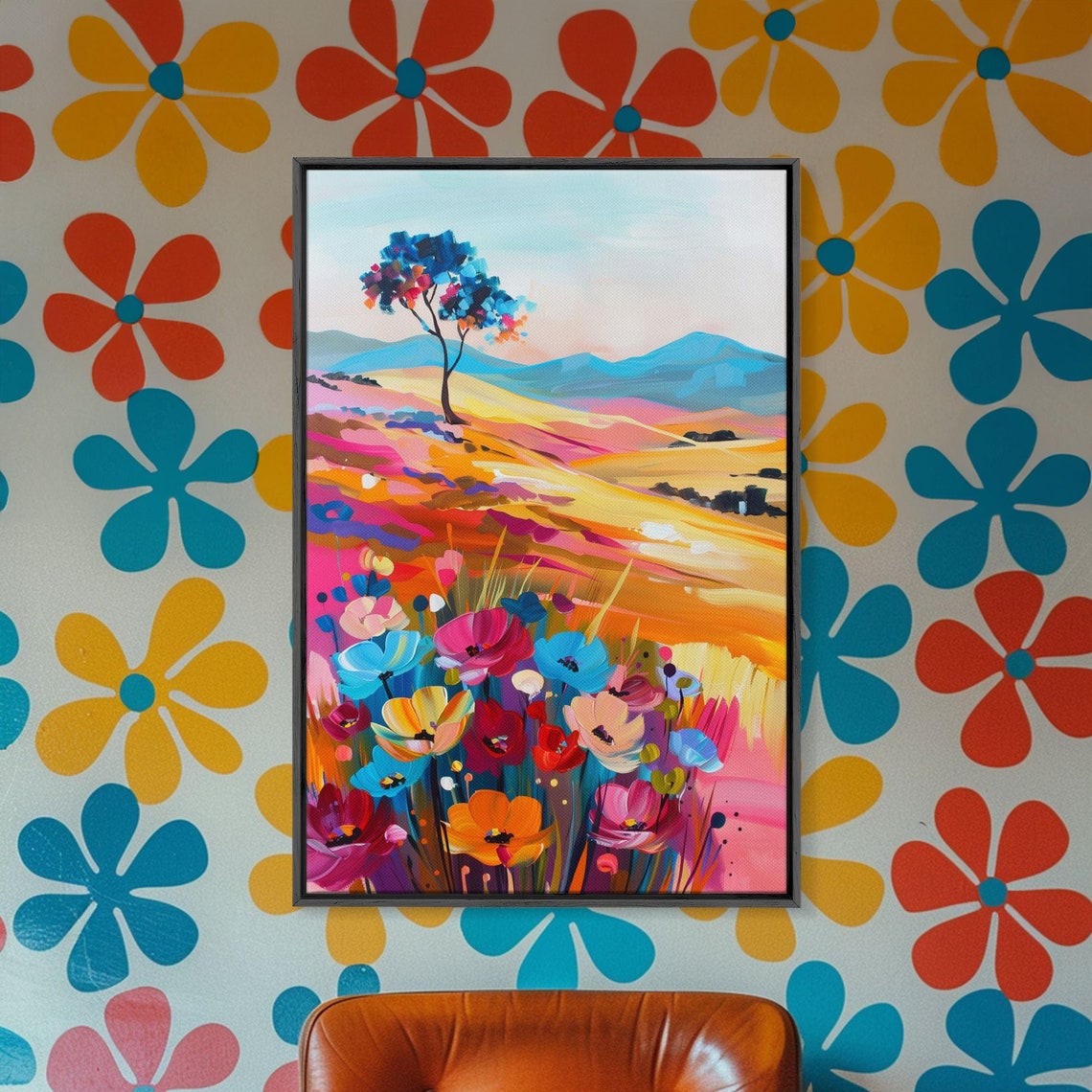 Colorful Rolling Hills Wildflower Meadow Mountain Landscape Art Poster - Image 3