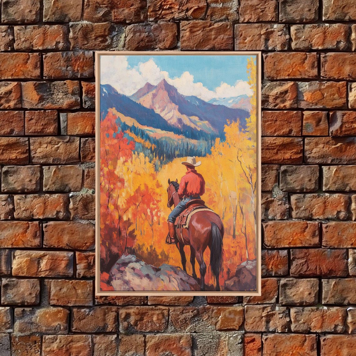 Cowboy On Horseback Overlooking Autumn Valley Golden Trees Poster - Image 4
