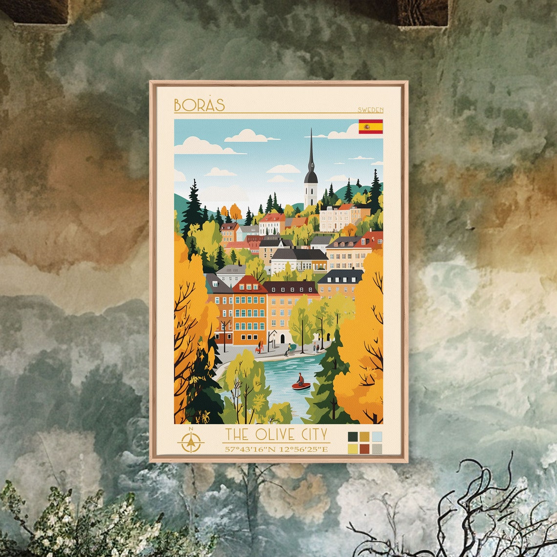 Boras Sweden Autumn Riverside Old Town Church Spire Kayak Poster - Image 5