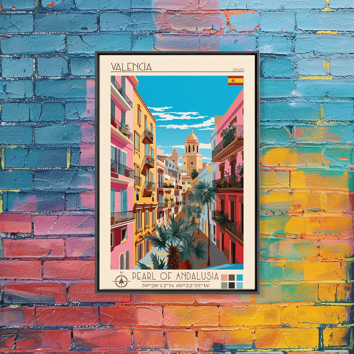 Valencia Spain Old Town Street Cathedral Bell Tower View Travel Poster