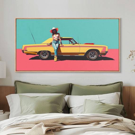 Bold Cowgirl Posing With Yellow Car Pop Art Framed Print For Living Room Ideal Bedroom Wall Art Unique Home Decor
