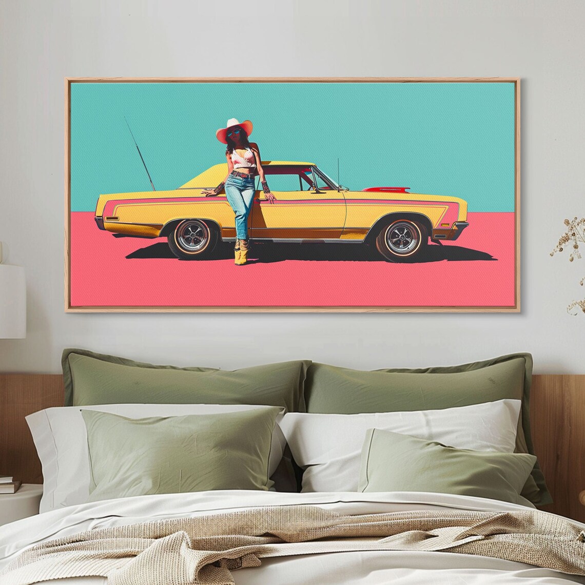 Bold Pop Art Cowgirl With Yellow Classic Muscle Car Turquoise Poster